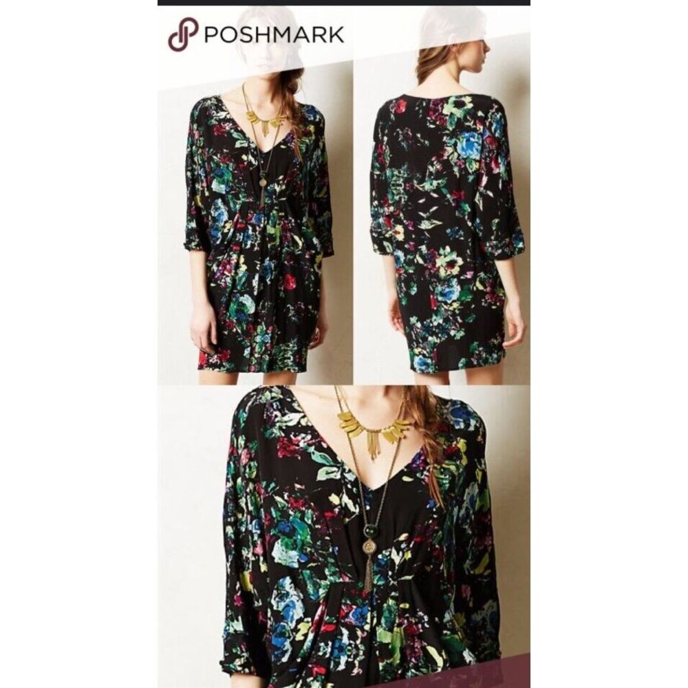 Anthropologie Maeve Sz XS Dark Floral Dolman Sleeve V-neck Boho Mini Dress